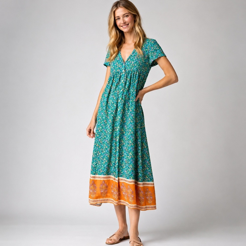 Natural Life Rebecca Womens XL Teal Floral Rayon Maxi Dress V-Neck Boho Pockets